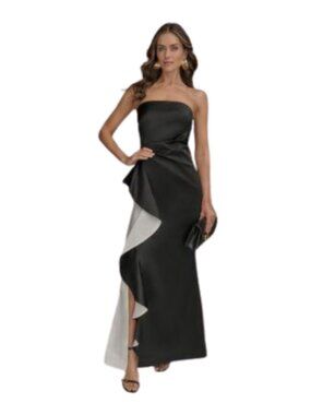 Donna Karen New York DKNY Black White Strapless Ruffle Gown Formal Event Size 12